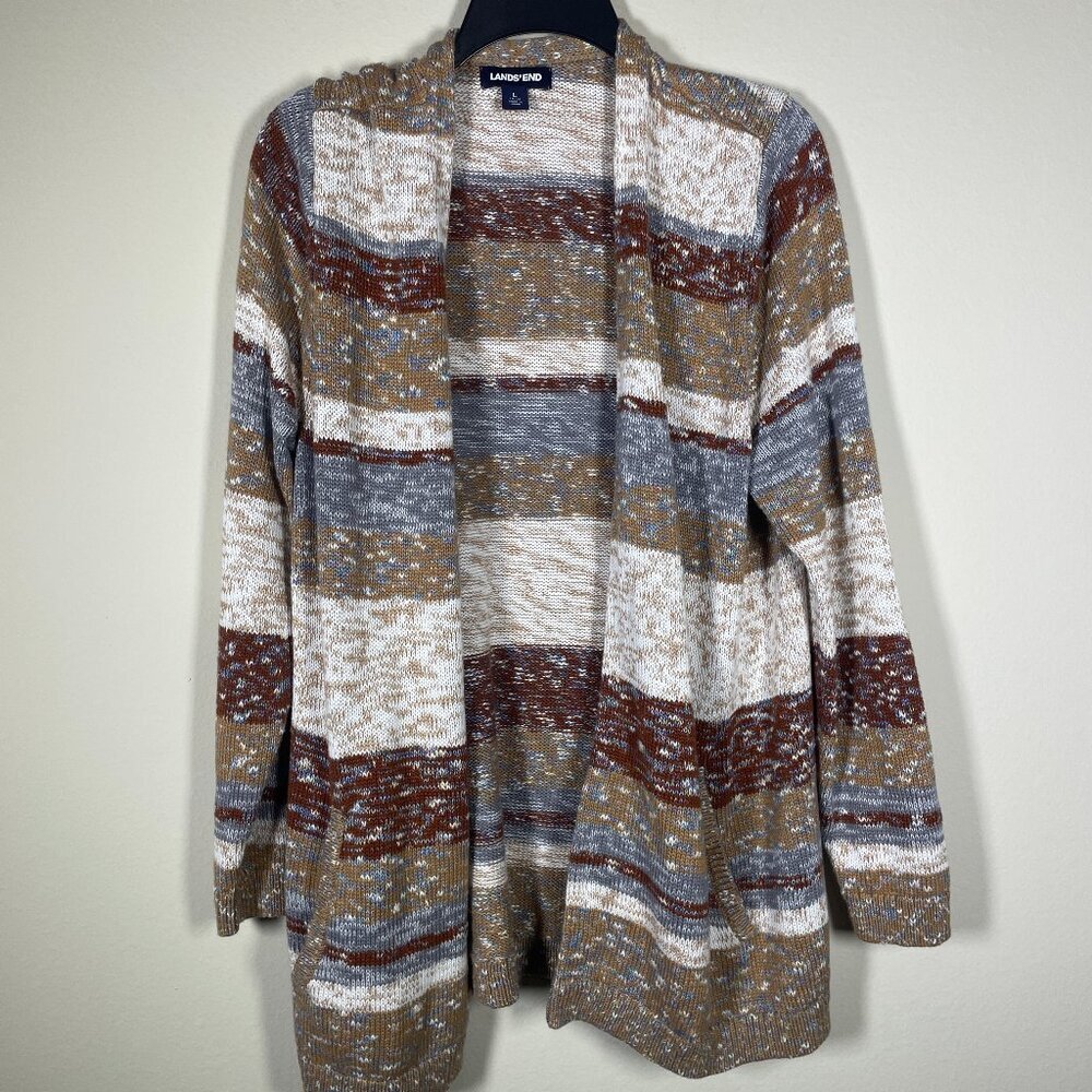 Land's End Women's Tan Brown Knit Open Cardigan Sweater Cotton Large! - Picture 1 of 5